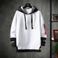 White hoodie sweater with hood, black drawstrings, kangaroo pocket, contrast inner cuffs