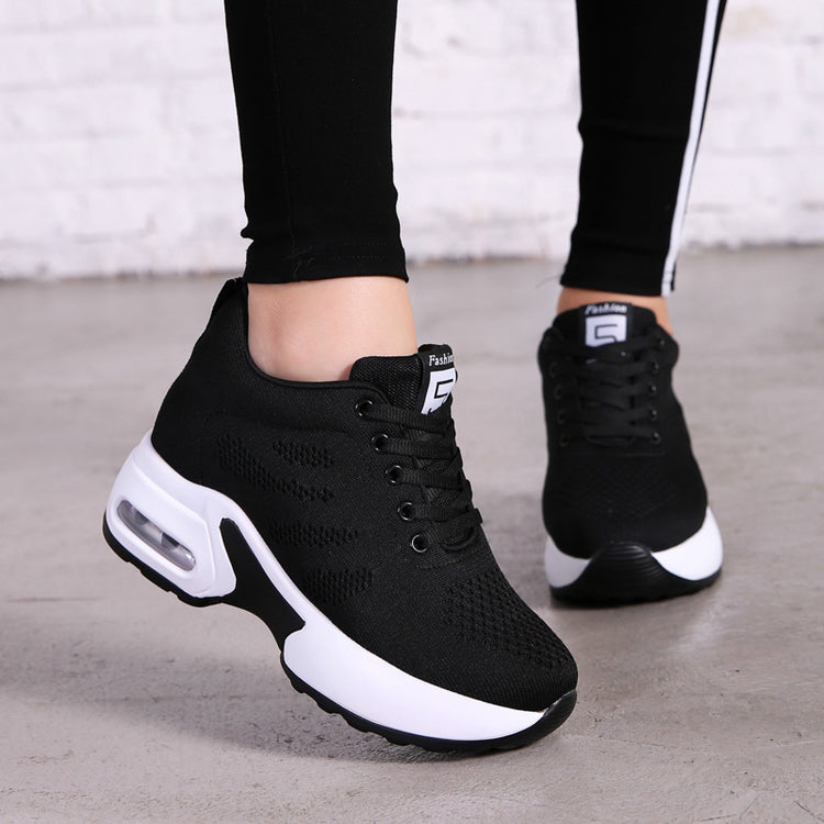 Black knit mesh lace-up sneakers with white platform sole and air-cushion detail