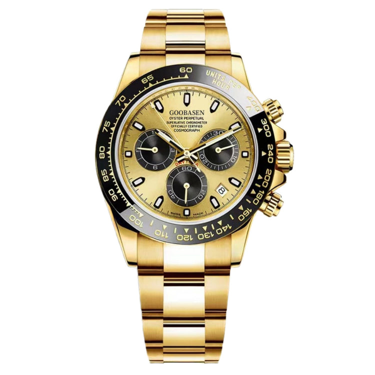 Gold-tone mechanical-style men’s watch with champagne dial and gold metal bracelet