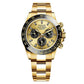 Gold-tone mechanical-style men’s watch with champagne dial and gold metal bracelet
