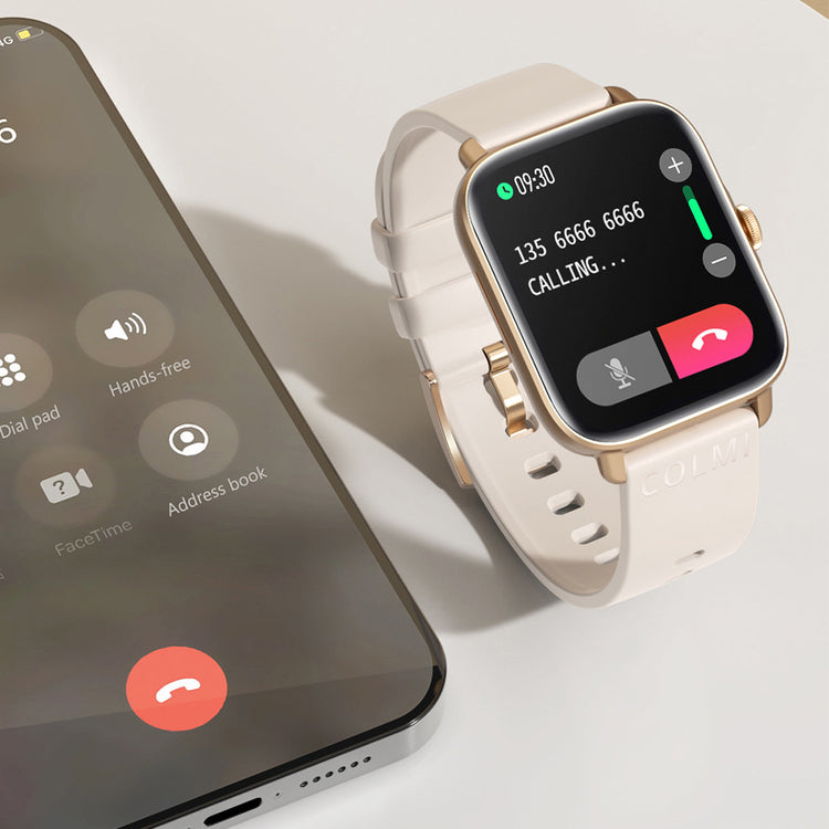 Waterproof smartwatch with white strap, gold case, call interface on full display