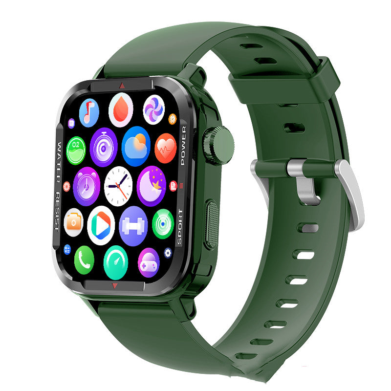 Smartwatch with green silicone band plus extra straps in black and light blue