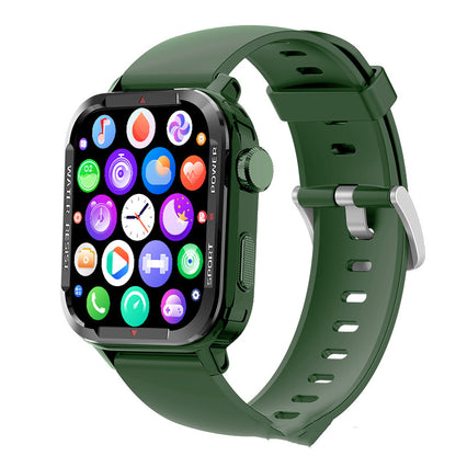 Smartwatch with green silicone band plus extra straps in black and light blue