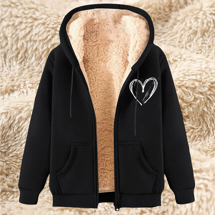 Thermal zip-up hoodie with hood, black exterior, sherpa lining, front pockets, heart graphic