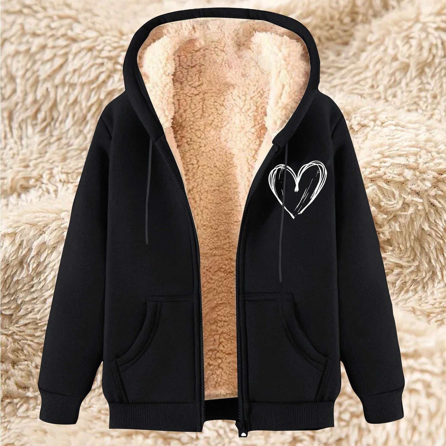 Thermal zip-up hoodie with hood, black exterior, sherpa lining, kangaroo pockets, heart emblem
