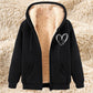 Thermal zip-up hoodie with hood, black exterior, sherpa lining, kangaroo pockets, heart emblem