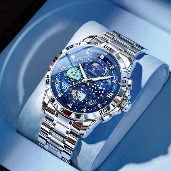 Blue stainless steel wristwatch, starry multi-dial with luminous markers