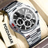 Men’s multifunction luminous watch with silver metal bracelet and black dial, round multi-dial face