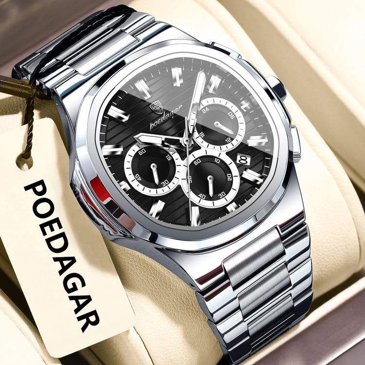 Men’s multifunction luminous watch with silver metal bracelet and black dial, round multi-dial face