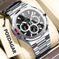Men’s multifunction luminous watch with silver metal bracelet and black dial, round multi-dial face