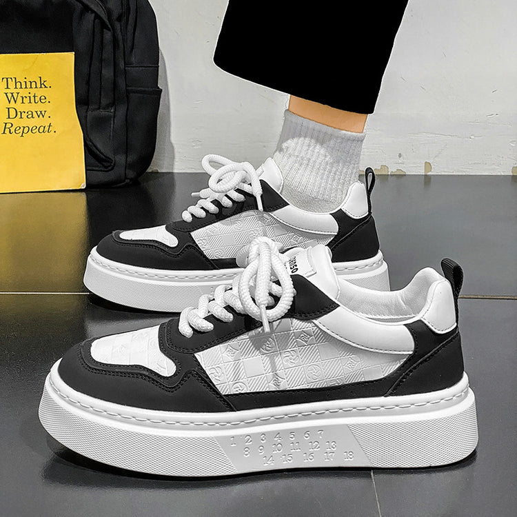 Black and white height-increasing sneakers with lace-up closure and padded ankle collar
