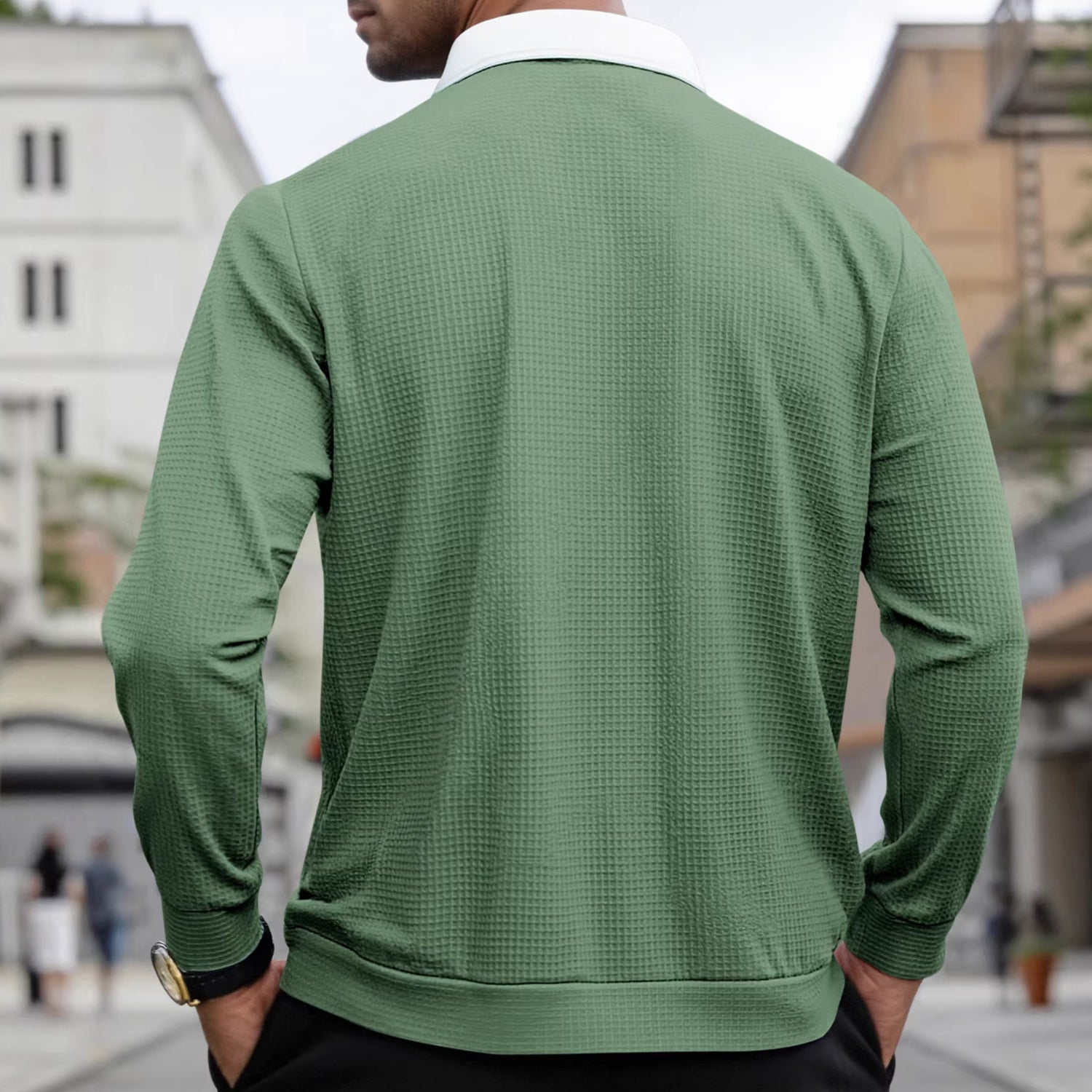 Army green waffle-knit zip-up shirt back view, long sleeves, white collar trim