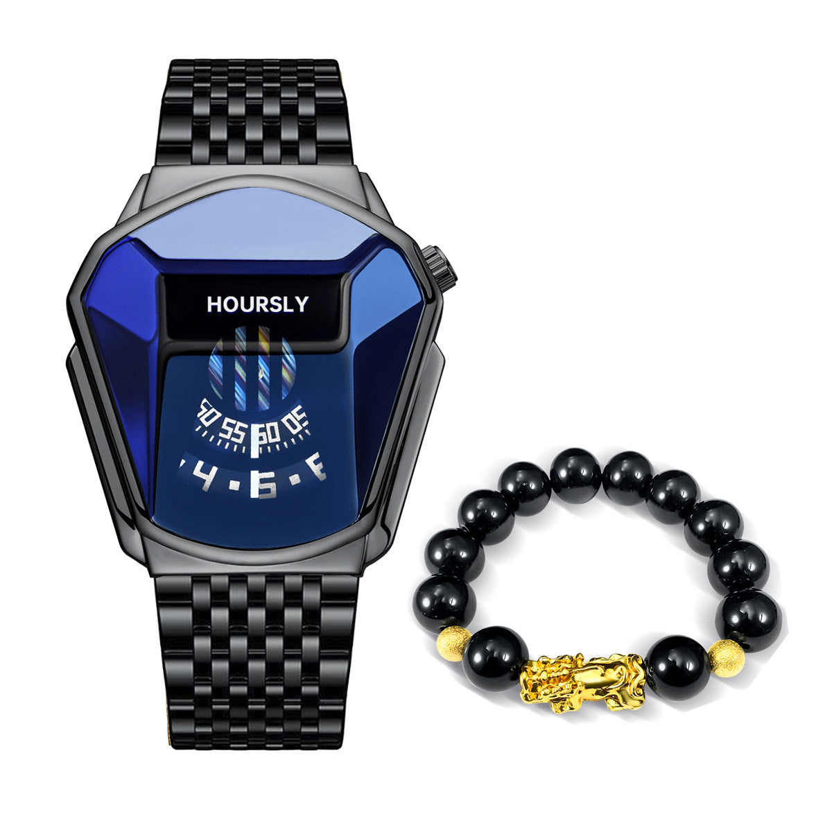 Black steel-band smartwatch with blue display and black bead bracelet with gold clasp