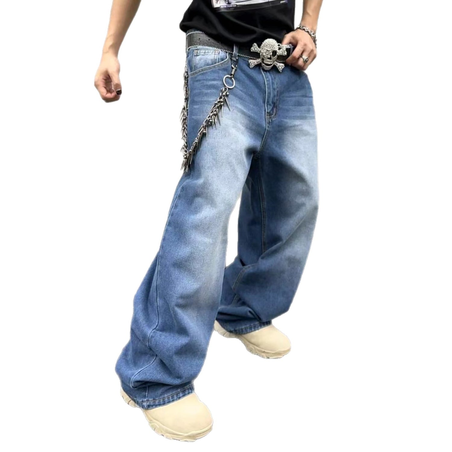 Sky blue straight loose jeans with chain belt charm and wide leg opening