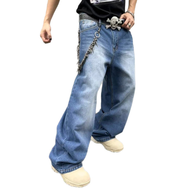 Sky blue straight loose jeans with chain belt charm and wide leg opening