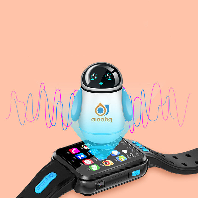 Children phone watch with white and blue case and black band