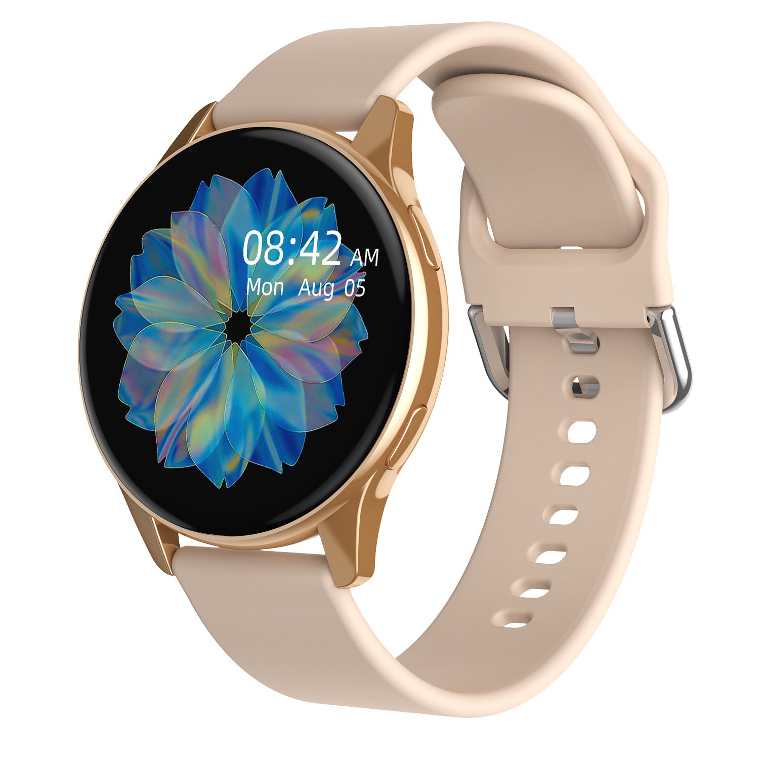 Smartwatch with gold case and tan silicone band, black screen with blue flower display.