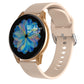 Smartwatch with gold case and tan silicone band, black screen with blue flower display.
