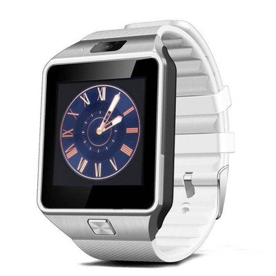 Smart watch with analog clock face, silver case, white textured silicone strap