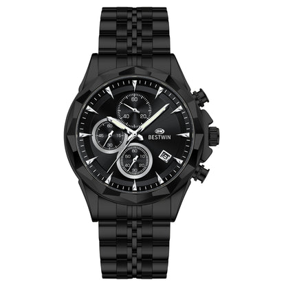 Luminous six-hand chronograph watch with black dial and black metal bracelet
