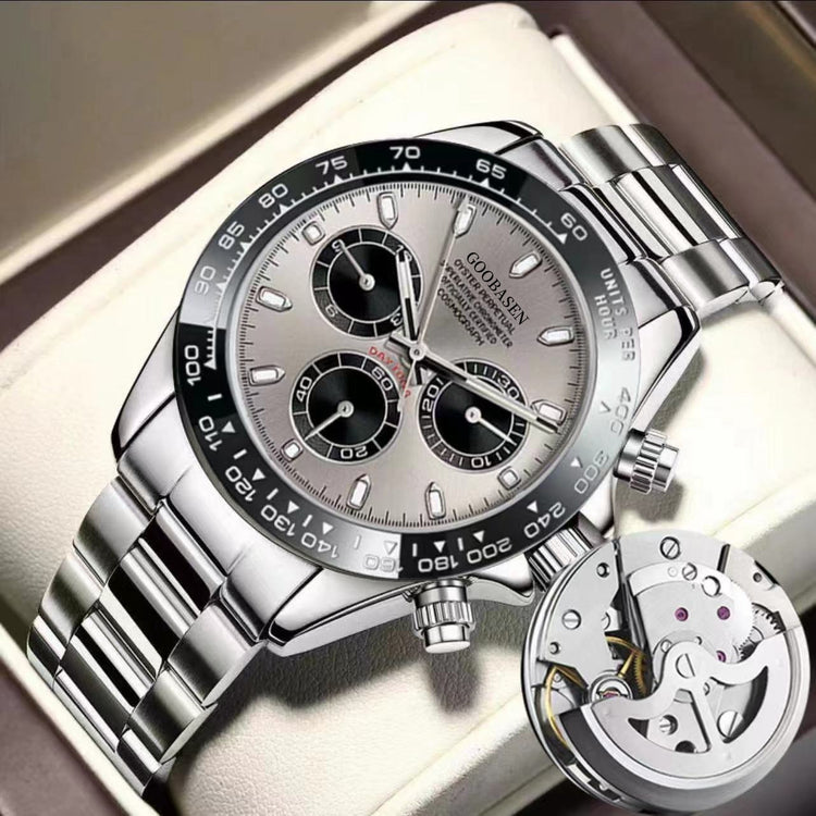 Silver-tone mechanical-style men’s watch with light dial and open caseback inset