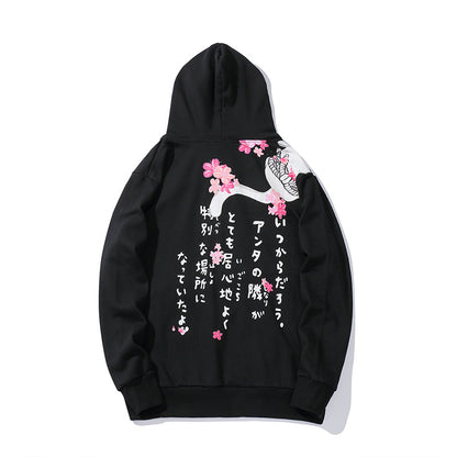 Black cat print hoodie, back graphic with flowers, hood and ribbed hem