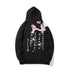 Black cat print hoodie, back graphic with flowers, hood and ribbed hem