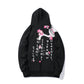 Black cat print hoodie, back graphic with flowers, hood and ribbed hem