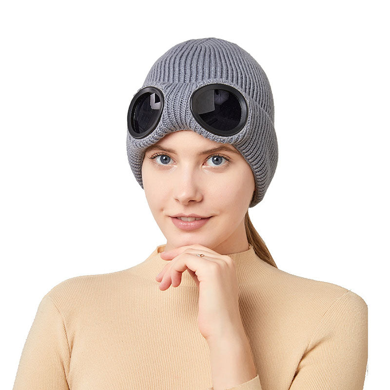 Gray knitted beanie with windproof eye shields