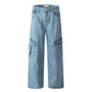 Light blue denim workwear jeans with wide legs and two back cargo pockets