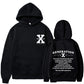 Black loose pullover hoodie with hood and kangaroo pocket, front and back graphic.