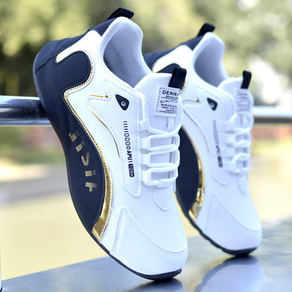 Leather waterproof sneakers in white and navy, lace-up with heel label detail