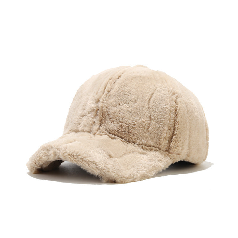 Plush fleece baseball cap with rabbit-fur look, cream beige, curved brim and stitched panel detail