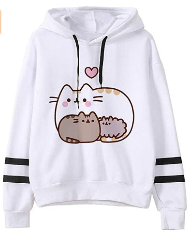 White fleece hoodie with sleeping cat illustration and red heart; black drawstrings
