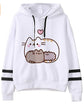 White fleece hoodie with sleeping cat illustration and red heart; black drawstrings