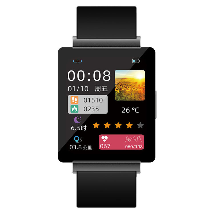 Black smartwatch with bright rectangular display and wide black silicone strap