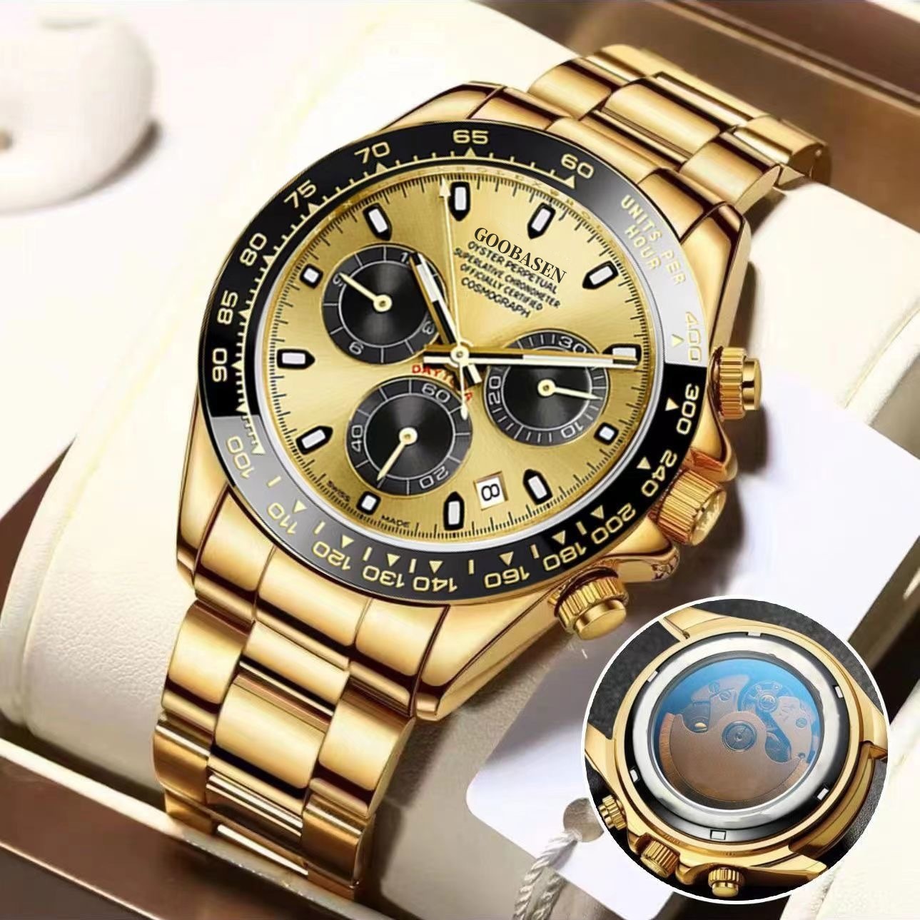 Gold-tone mechanical-style men’s watch with champagne dial and gold metal bracelet