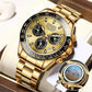 Gold-tone mechanical-style men’s watch with champagne dial and gold metal bracelet