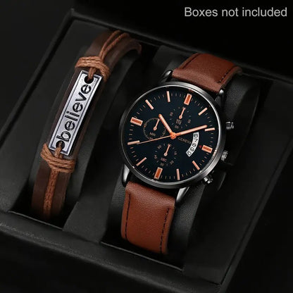 Quartz watch with brown leather strap and engraved tag bracelet accessory