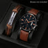Quartz watch with brown leather strap and engraved tag bracelet accessory