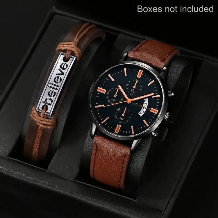 Quartz watch with brown leather strap and engraved tag bracelet accessory