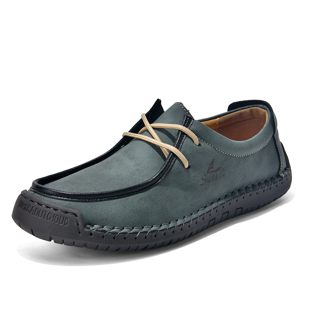 Teal green lace-up casual shoes with cream laces, black trim, stitched upper.
