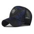 Baseball cap in black with blue speckled animal print, mesh side panels, round logo patch