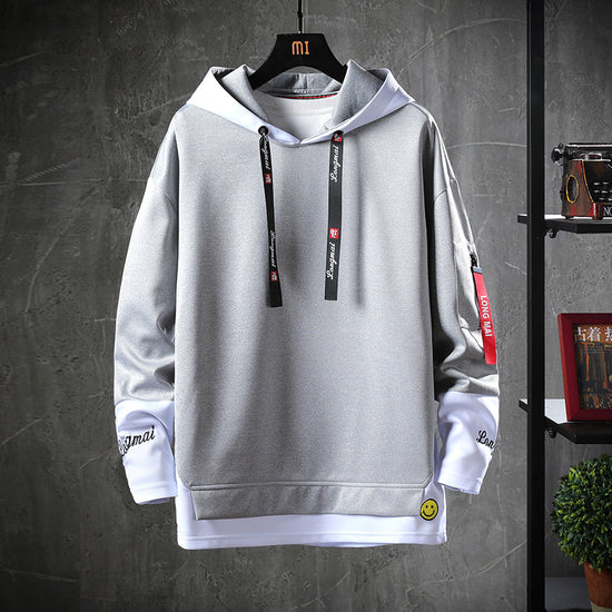 White hoodie sweater with hood, black drawstrings, kangaroo pocket, contrast inner cuffs
