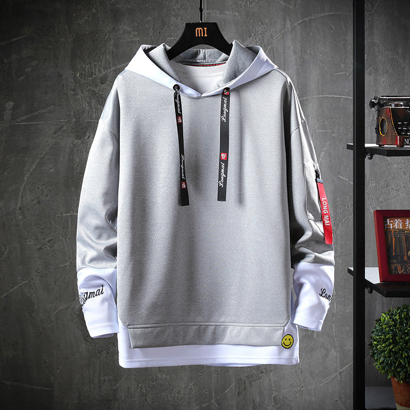 White hoodie sweater with hood and black drawstrings, kangaroo pocket, contrast inner cuffs