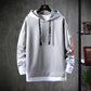 White hoodie sweater with hood and black drawstrings, kangaroo pocket, contrast inner cuffs