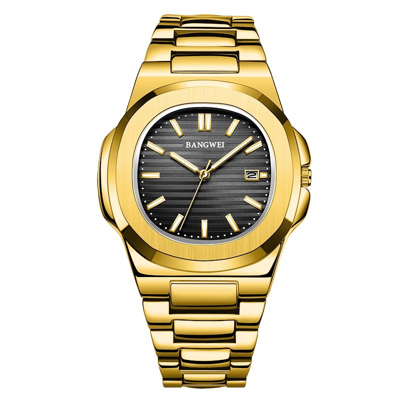 Luminous water-resistant wristwatch with gold steel band and black dial, BANGWEI