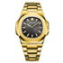 Luminous water-resistant wristwatch with gold steel band and black dial, BANGWEI