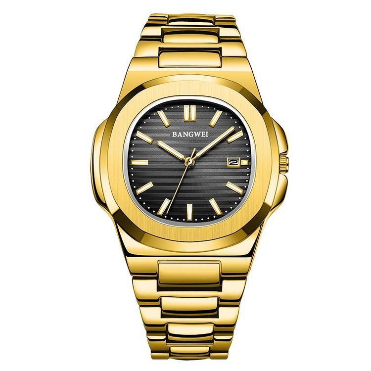 Luminous water-resistant wristwatch with gold steel band and black dial, BANGWEI
