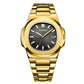 Luminous water-resistant wristwatch with gold steel band and black dial, BANGWEI